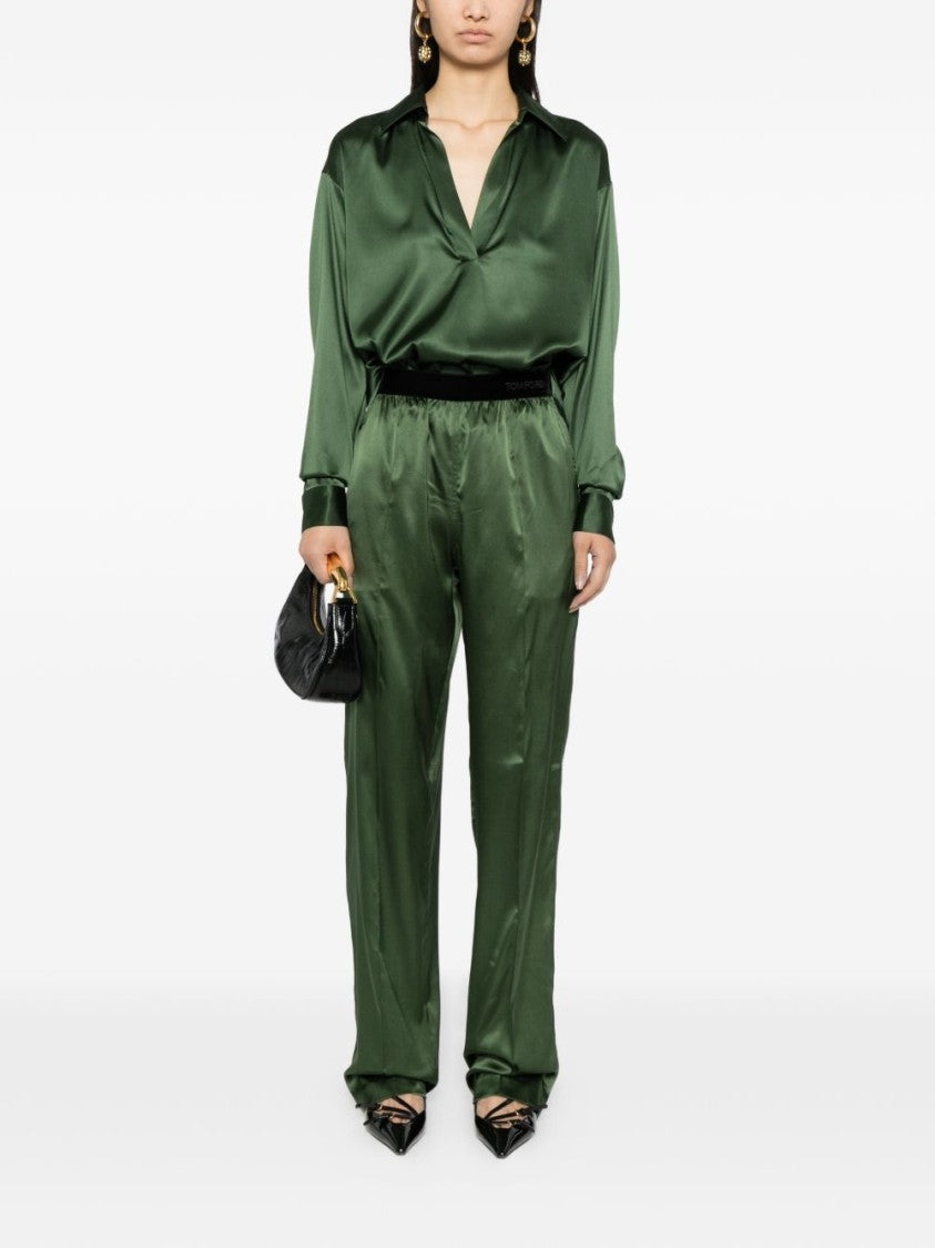 Tom Ford Moss Green Elasticated Logo Satin Pants