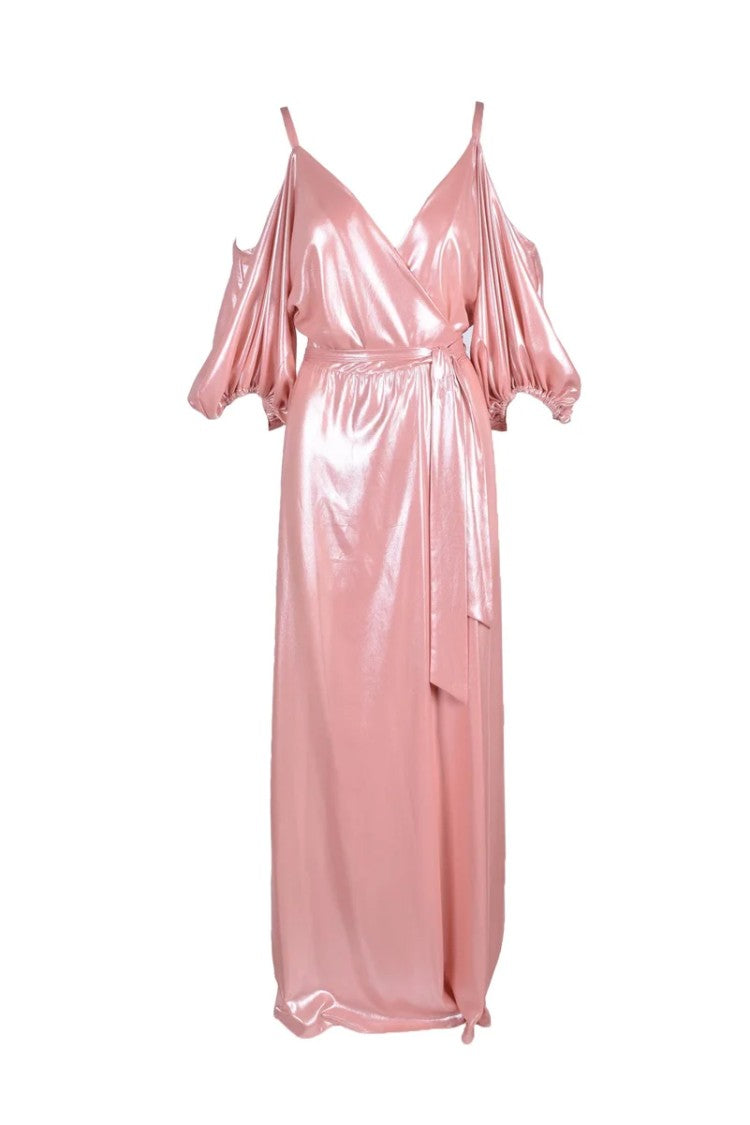 Access Fashion Maxi Dress With Puff Sleeves - Old Rose