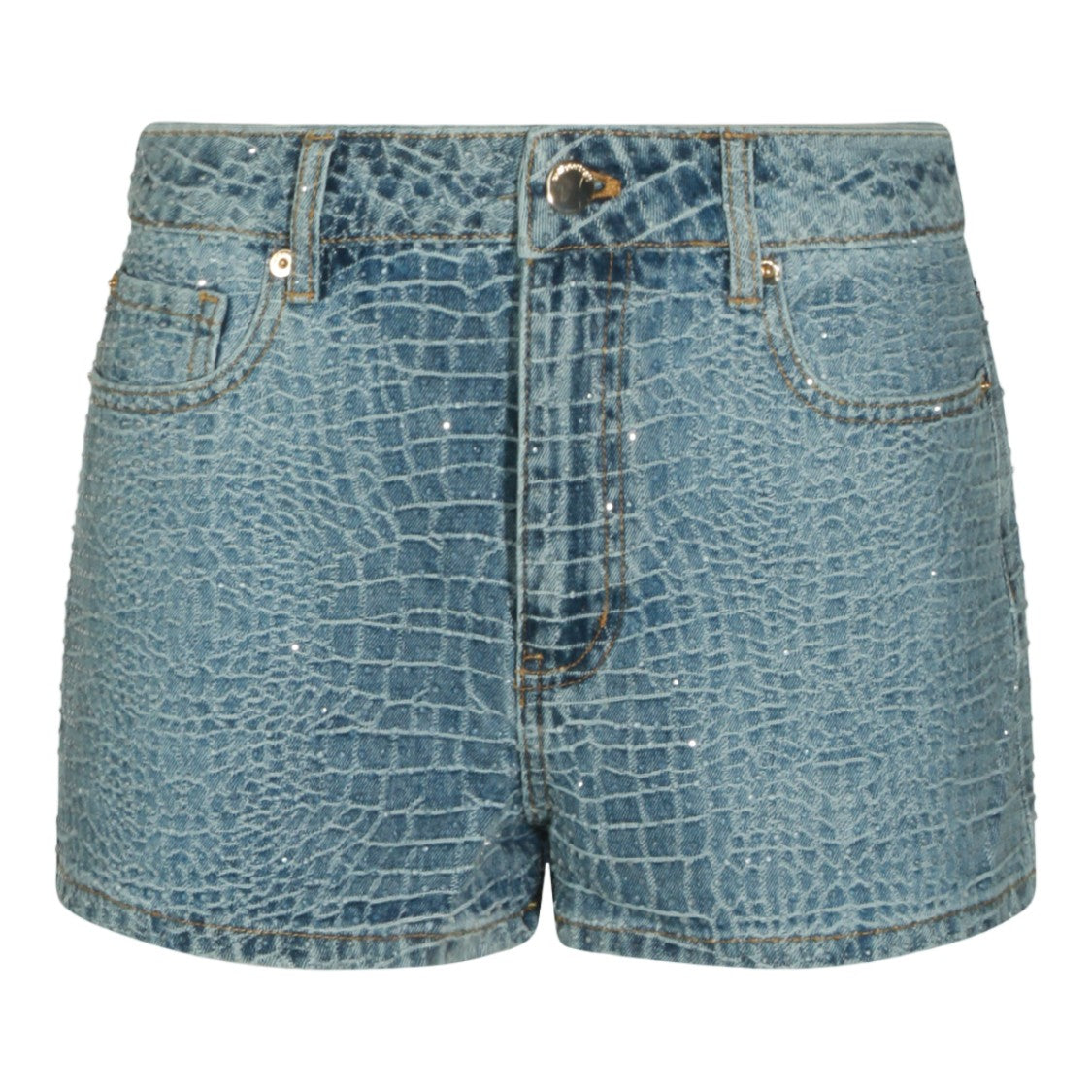 Self-Portrait Textured Denim Shorts With Crocodile Skin Pattern