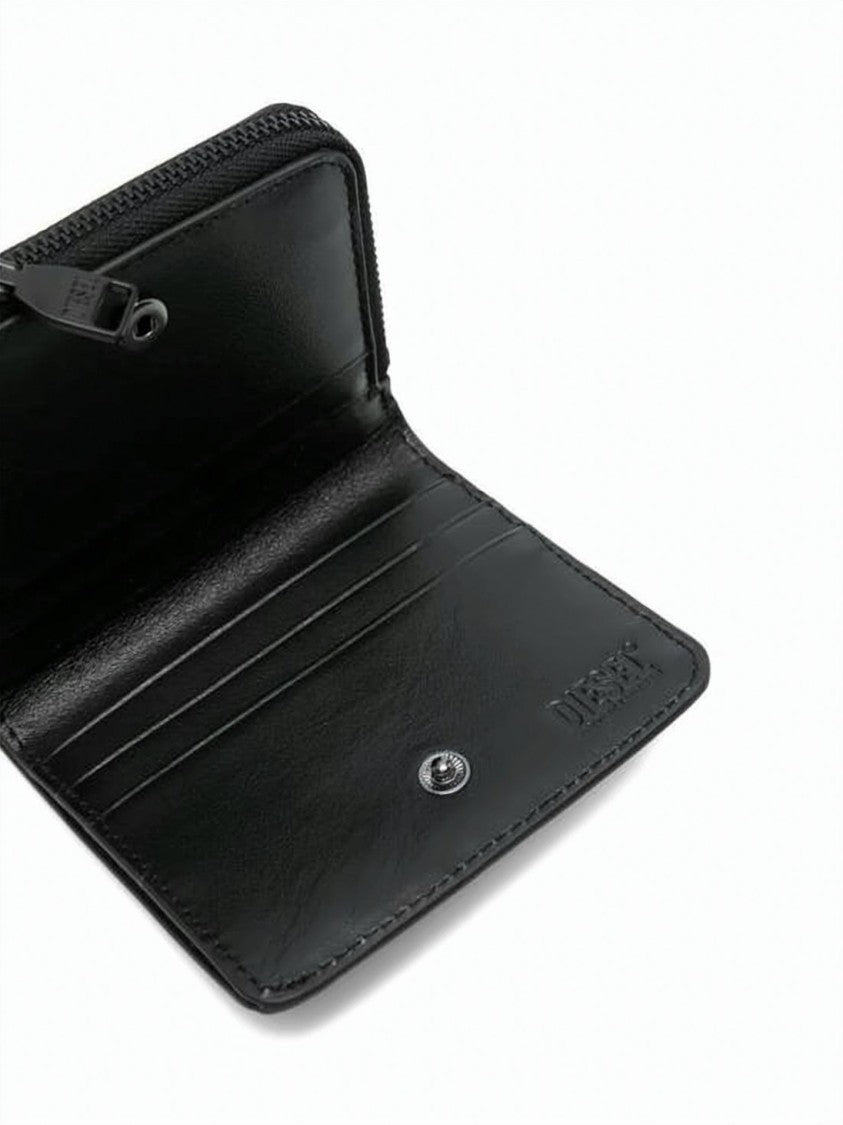 Diesel Zip-Around Black Leather Wallet With Embossed Logo