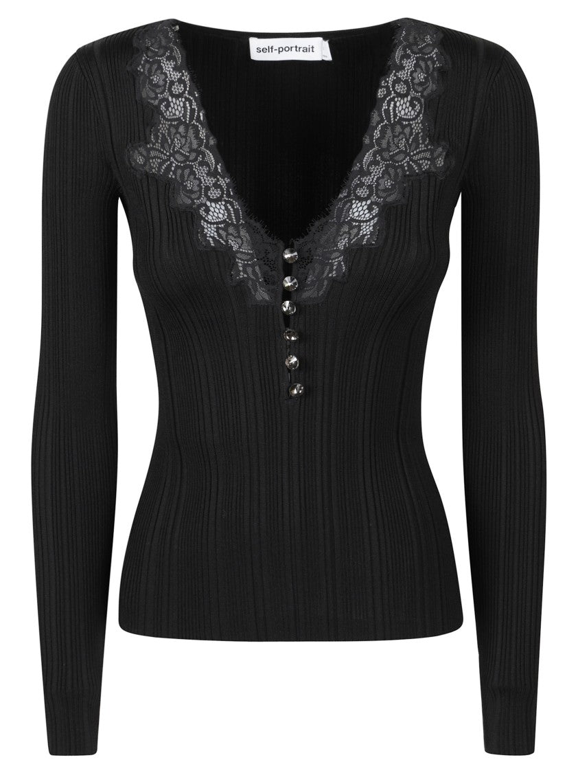 Self-Portrait Fitted Black Top With Deep V-Neckline