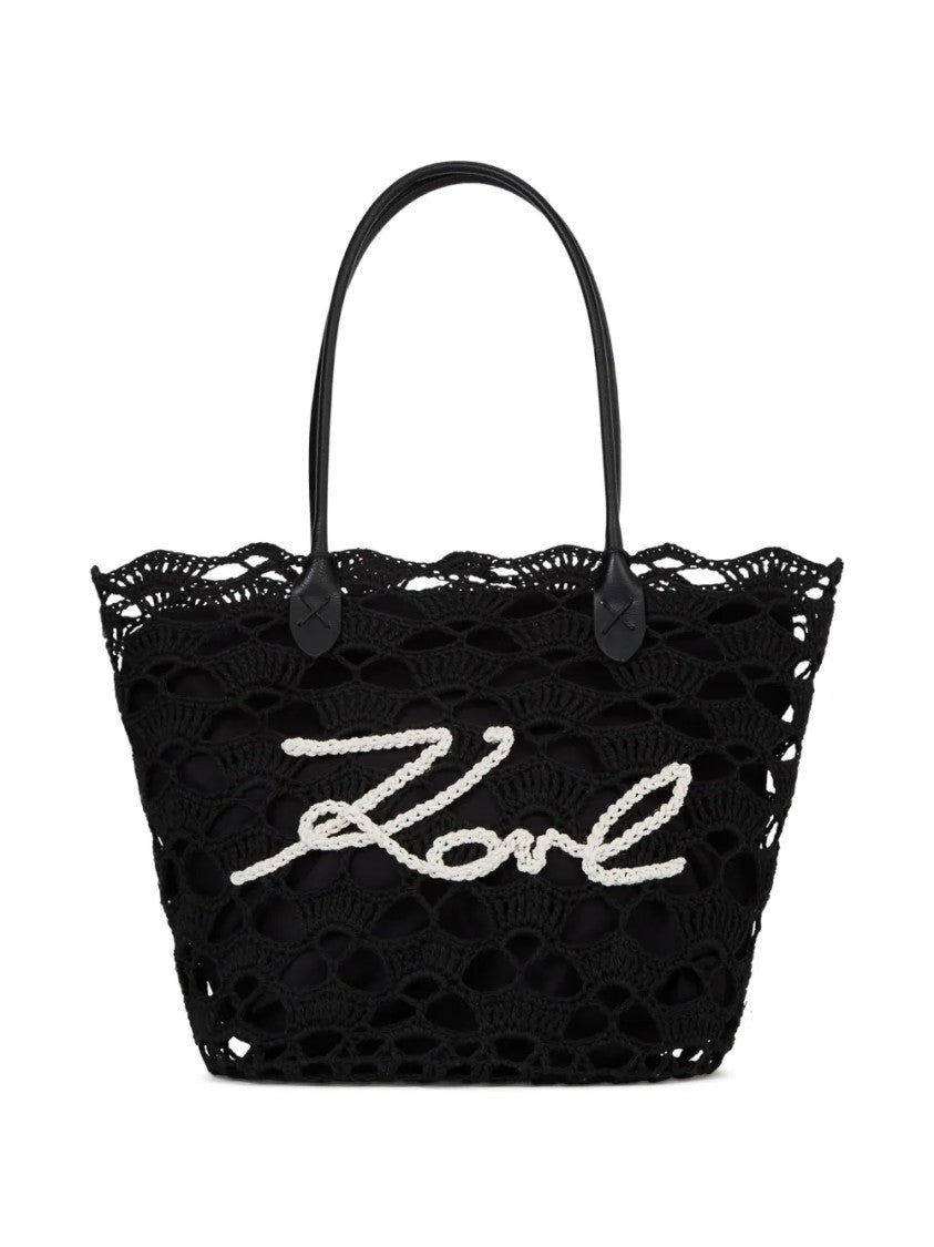 Karl Lagerfeld Intricate Openwork Crochet Tote Bag With Logo Detail