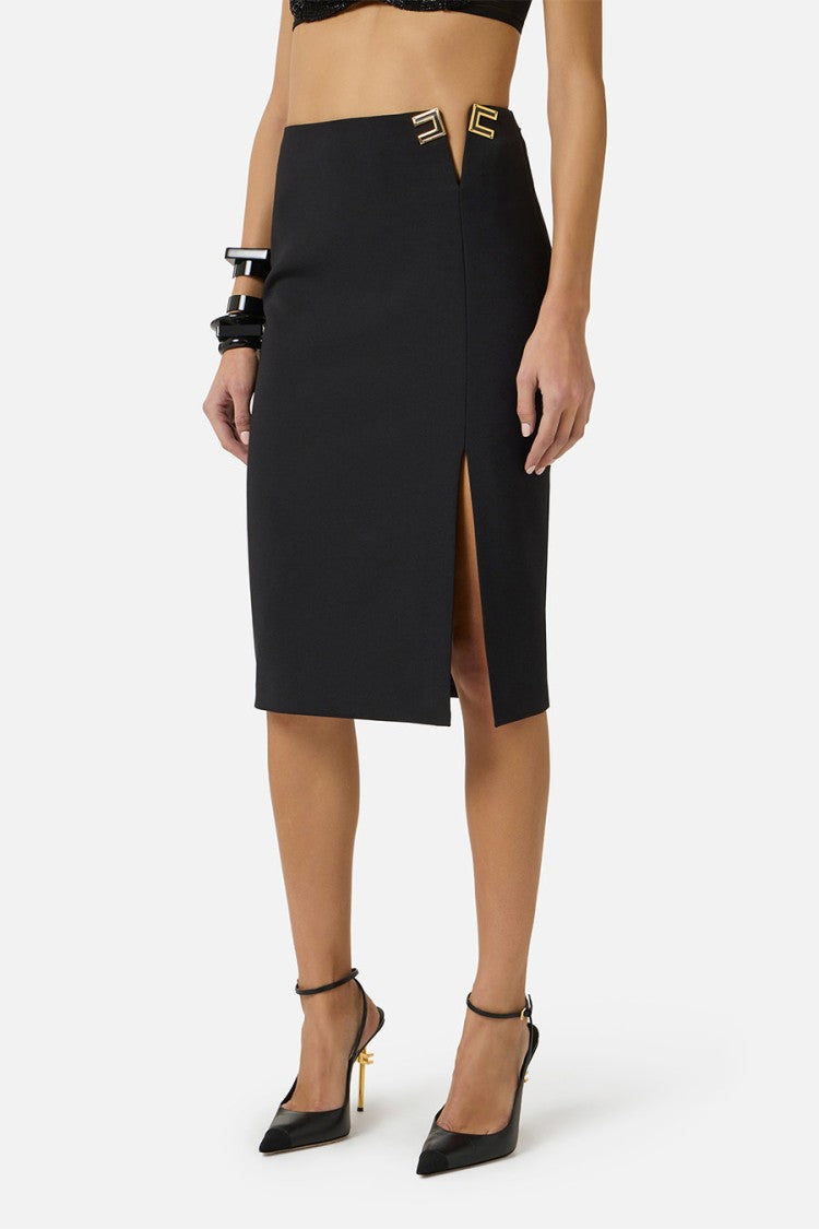 Elisabetta Franchi Black High-Waist V-Cut Logo Hardware Polyamide-Blend Pencil Skirt