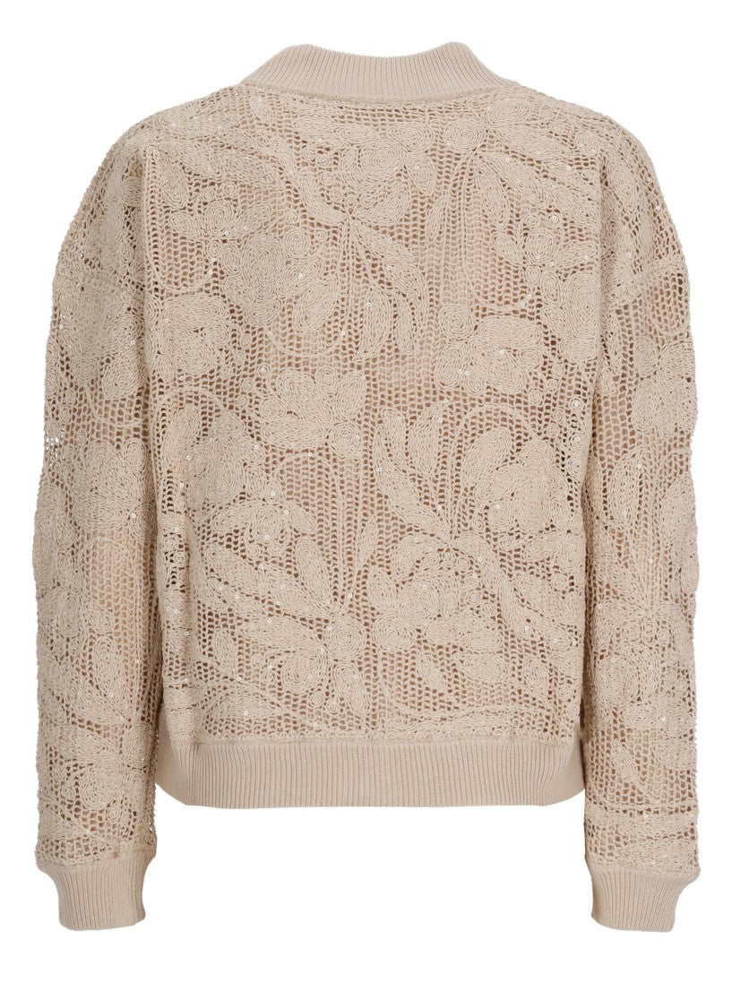 Kangra Beige Cotton Embroidered Sequined Bomber Jacket