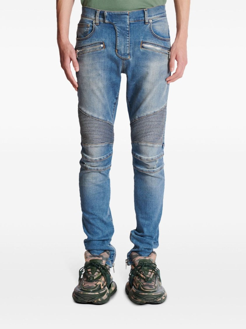 Balmain Indigo Blue Distressed Slim Denim Trousers