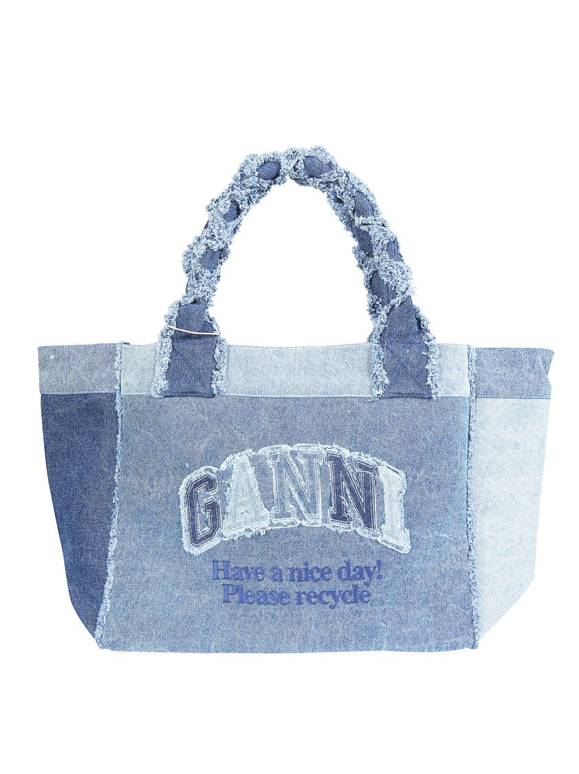 Ganni Patchwork Denim Frayed Edges Tote Bag