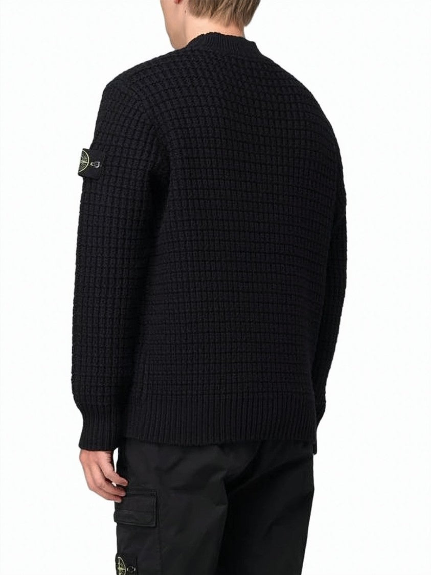 Stone Island Textured Knit Black Sweater With Ribbed Details