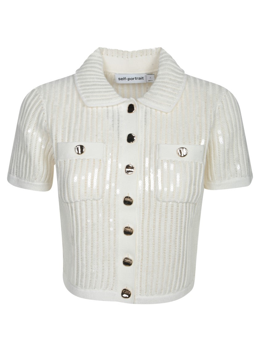 Self-Portrait White Sequin Knitted Top With Pointed Collar And Decorative Details