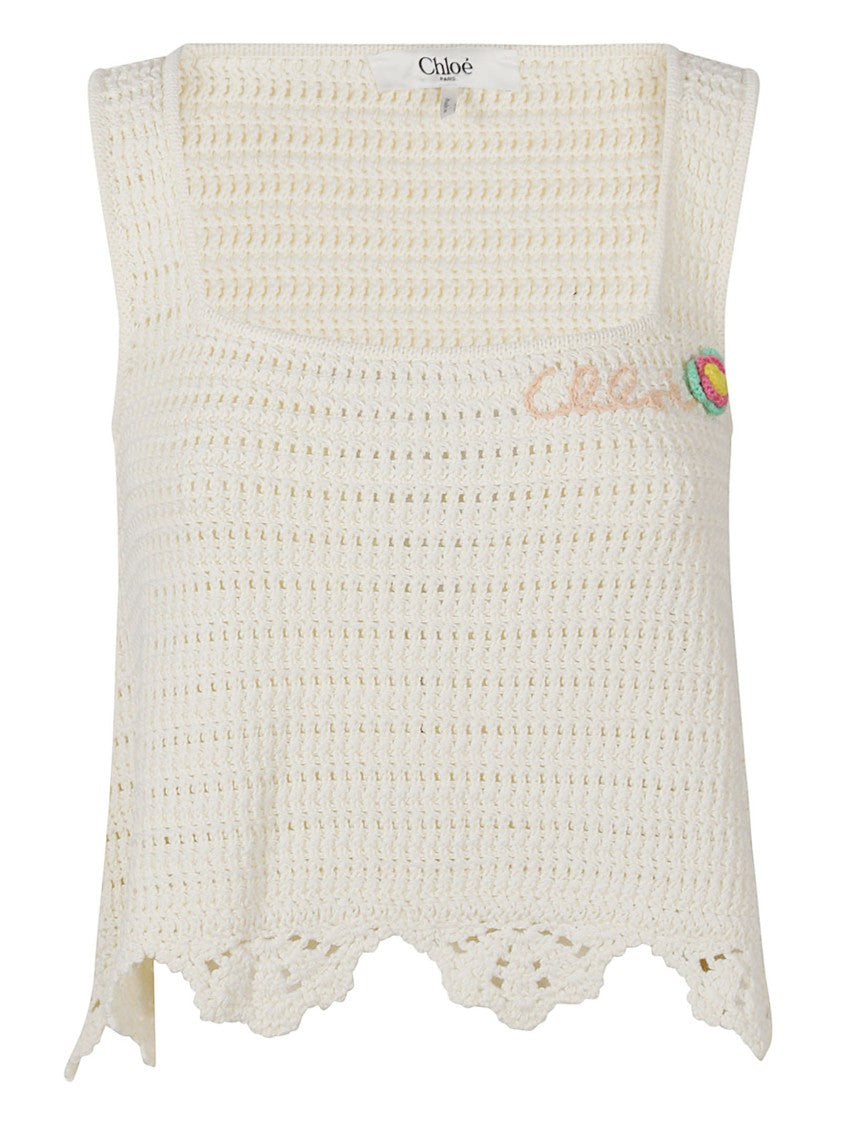 Chloé White Cotton Crochet Crop Top