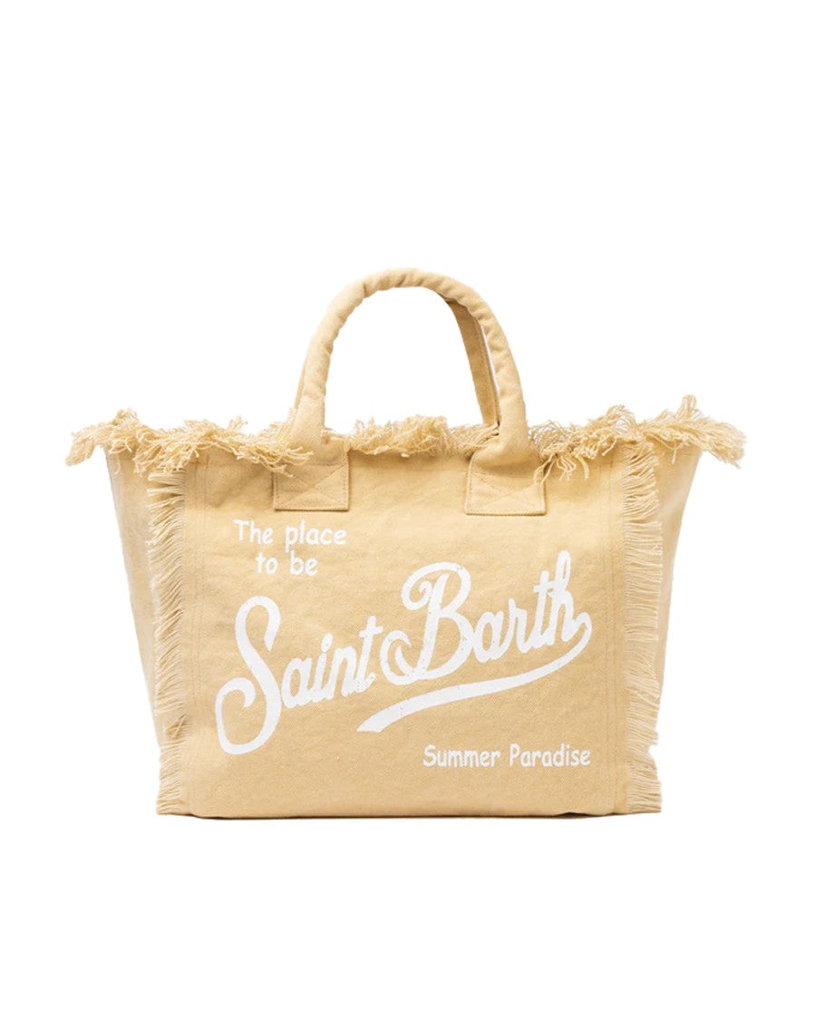 Mc2 Saint Barth Cotton Canvas Tote Bag With Fringed Edges And Printed Logo