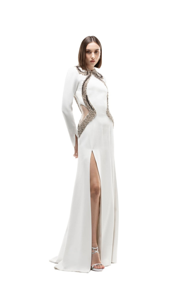 Saiid Kobeisy Ivory Crepe Gown With Intricate Metallic Embroidery And Sheer Details