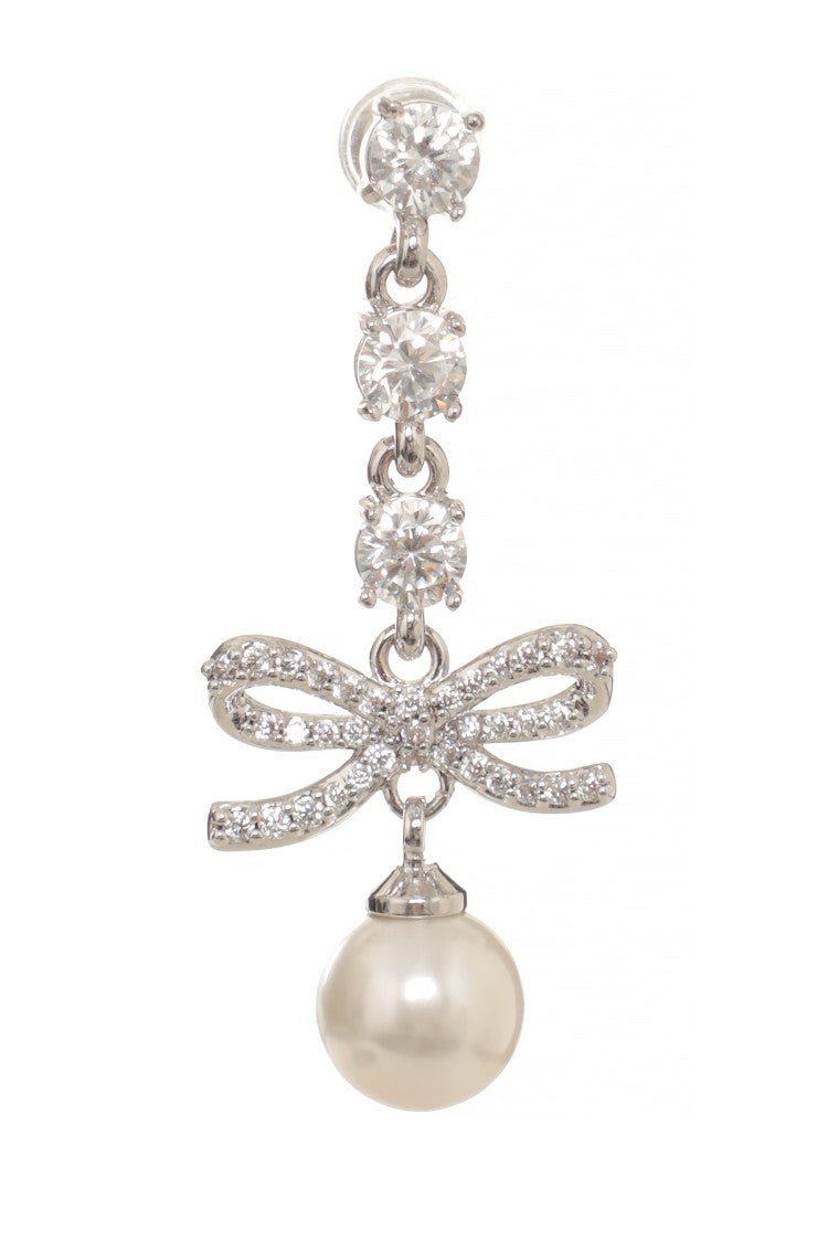 Self-Portrait Silver Crystal Bow Pearl Drop Earrings