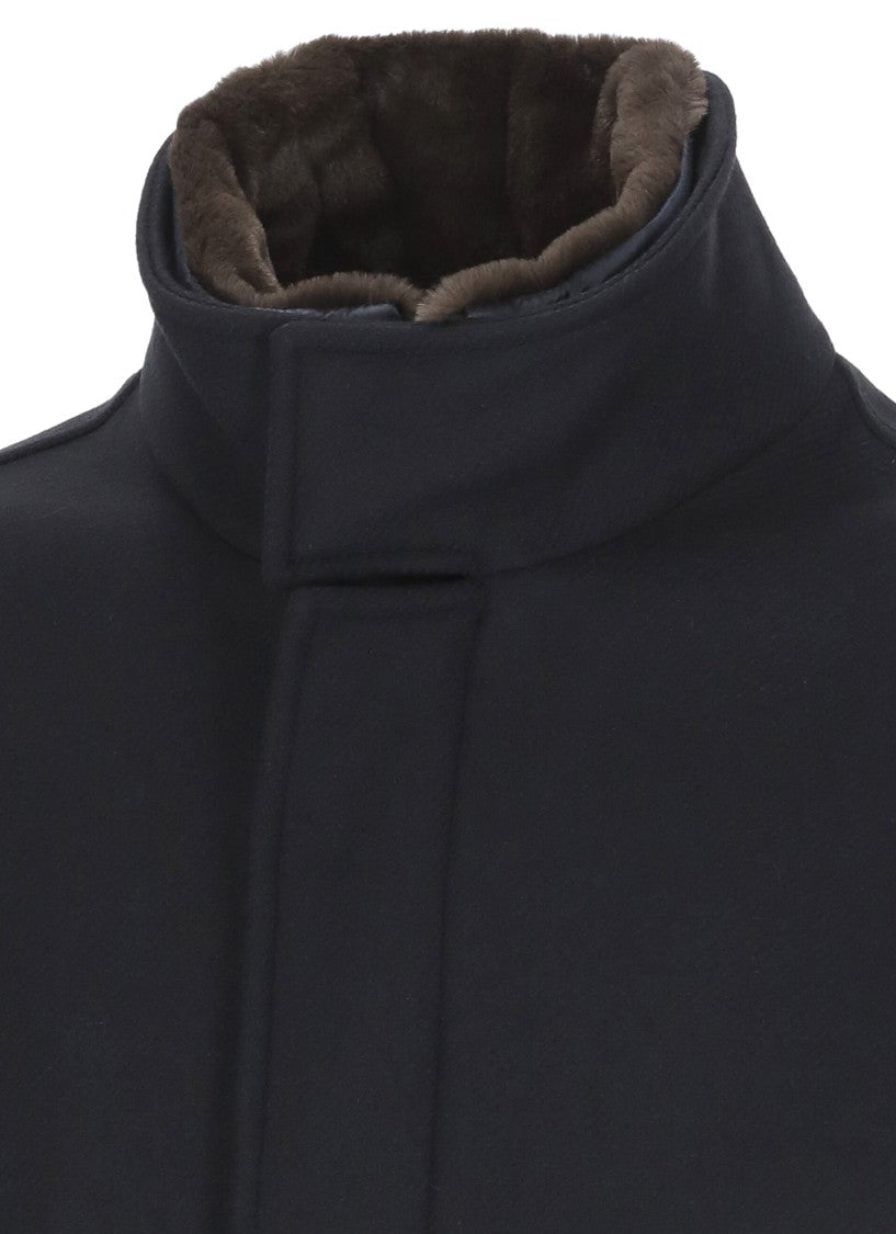 Herno Structured Blue Wool Coat With High Neck