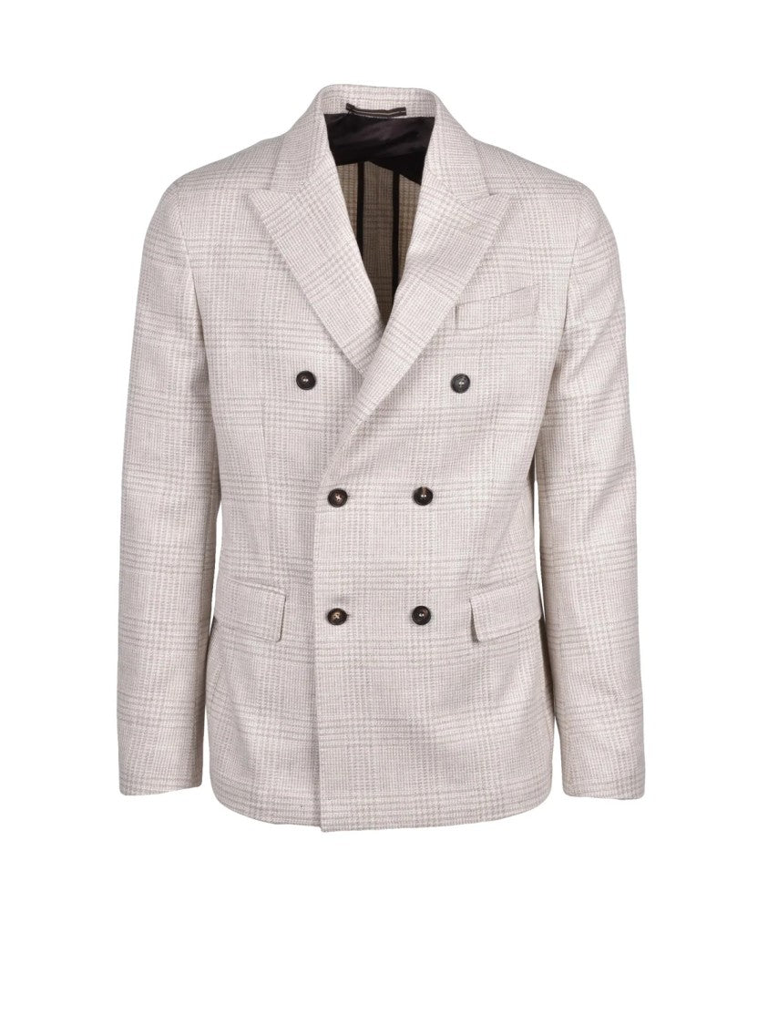 Slowear By Incotex Beige Checkered Double-Breasted Virgin Wool-Blend Blazer