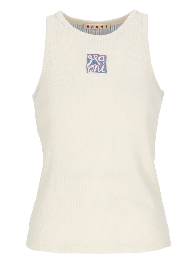Marni Ivory Logo Ribbed Cotton Tank Top