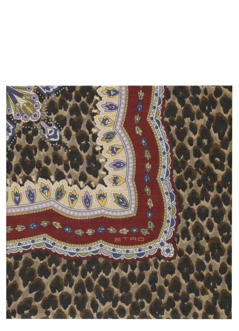 Etro Bordeaux Wool Blend Stole With Animalier And Paisley Patterns