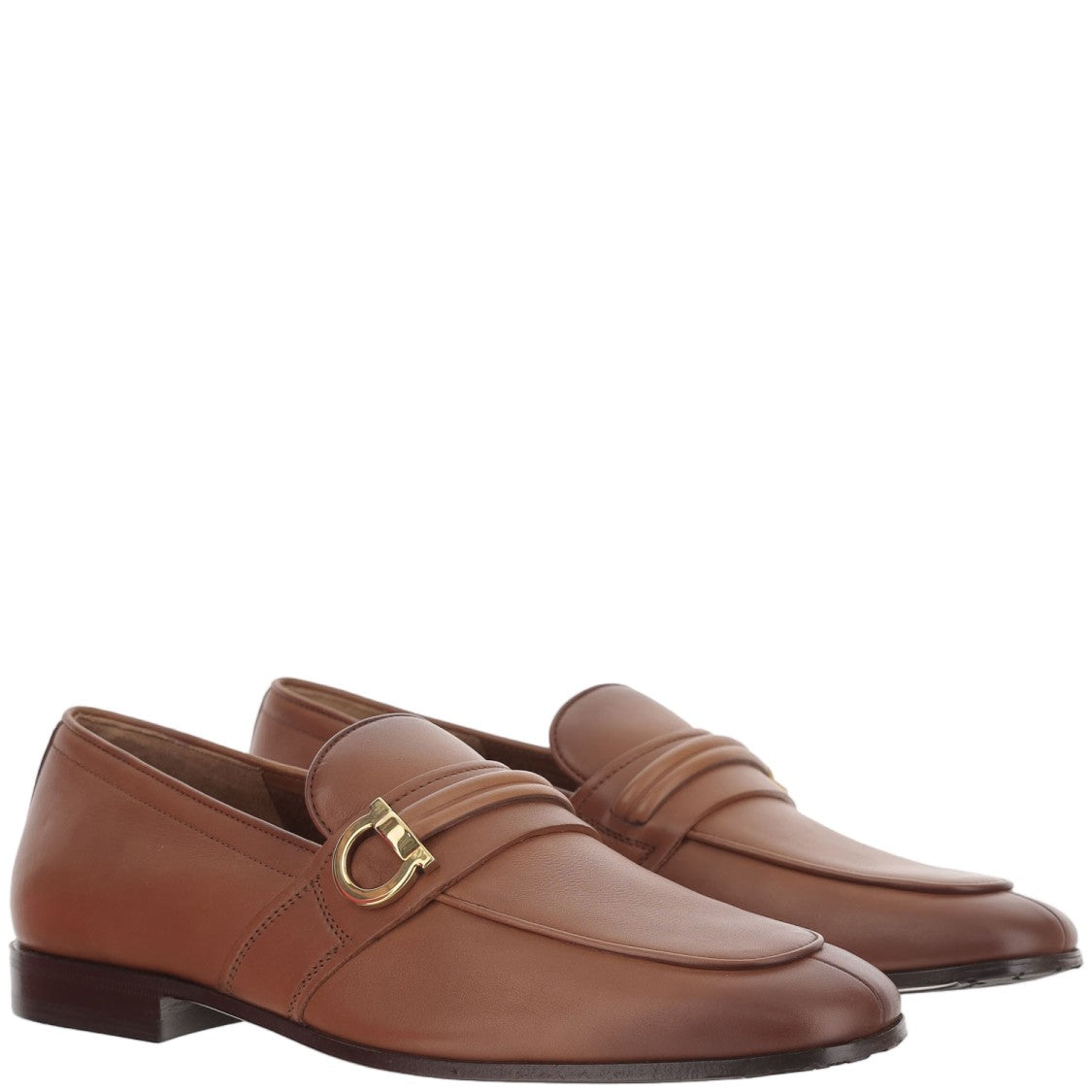 Salvatore Ferragamo Light Brown Tubular Hook Detail Leather Loafers