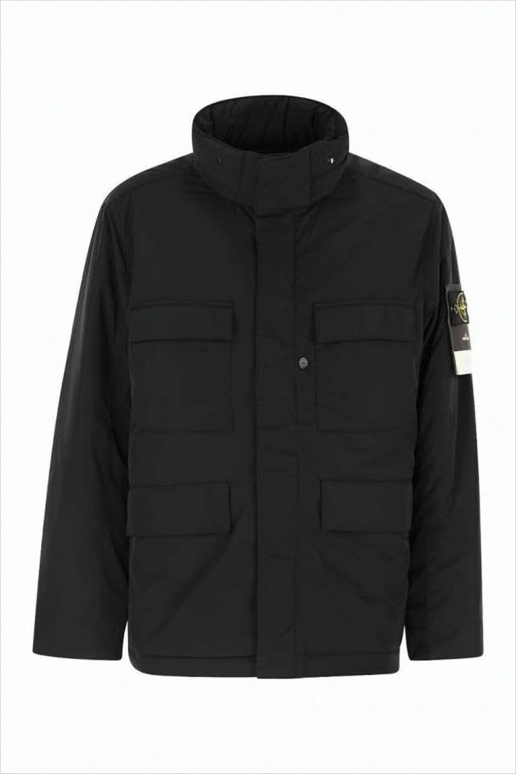 Stone Island Boxy Black Padded Jacket With High Collar And Distinctive Patch