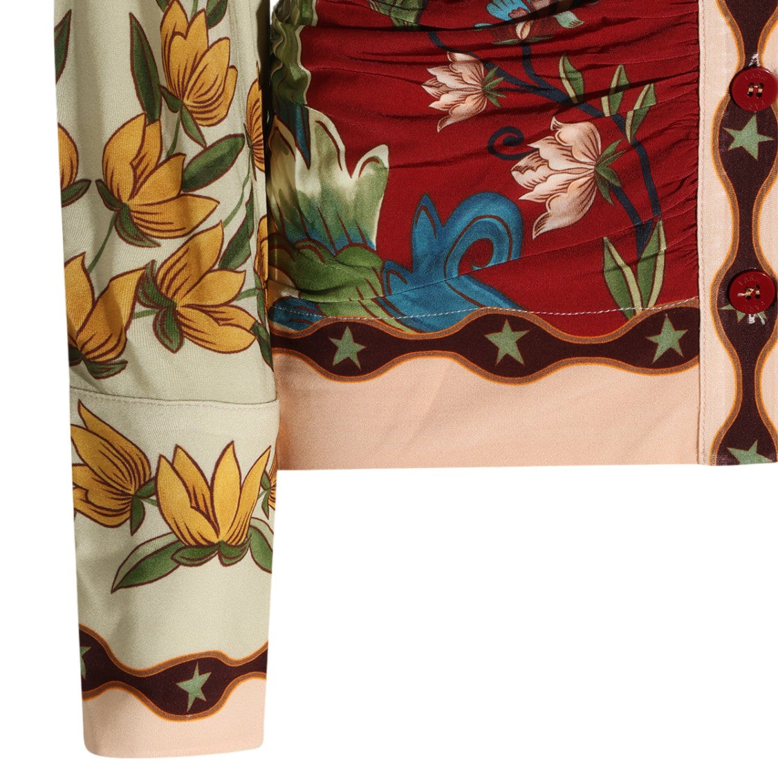 Farm Rio Floral Ruched Waist Pointed Collar Long-Sleeve Top