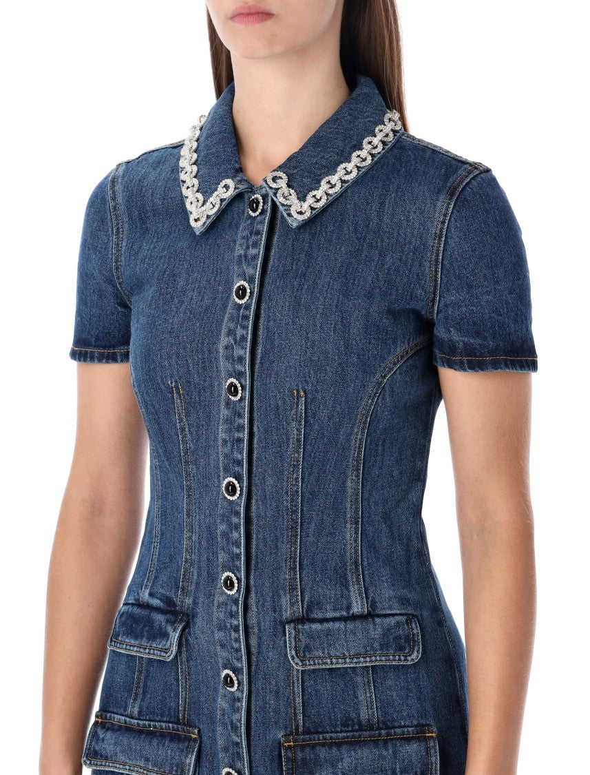 Self-Portrait Denim Mini Dress With Crystal-Embellished Collar
