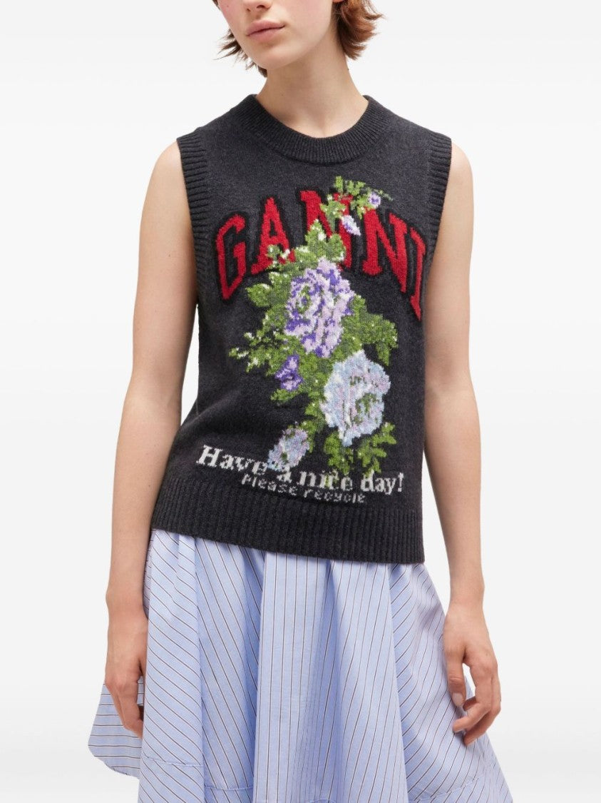 Ganni Sleeveless Knit Vest With Floral Pattern
