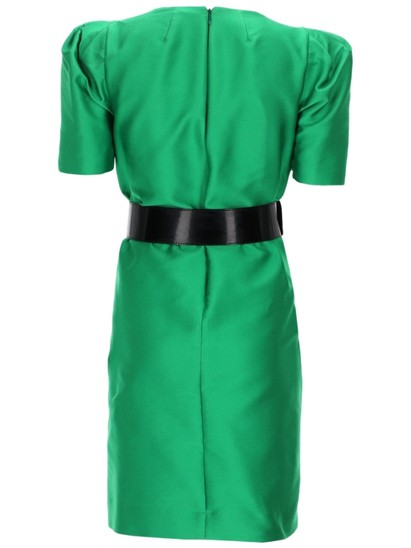 P.A.R.O.S.H. Structured Satin Mini Dress With Belted Waist And Puff Sleeves