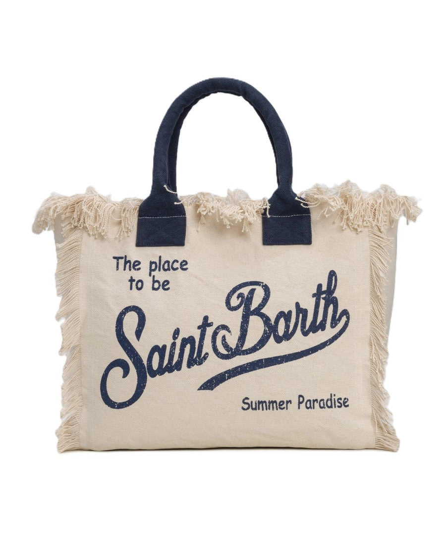 Mc2 Saint Barth Rectangular Natural Canvas Tote Bag With Fringed Edges
