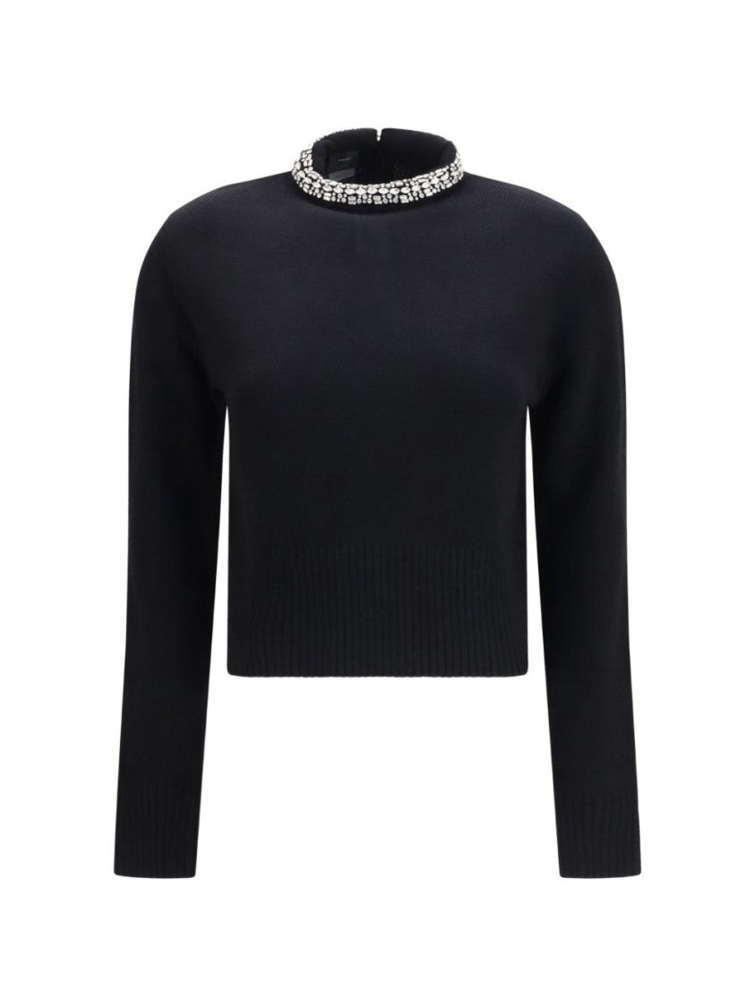 Pinko Black Cropped Embellished Neckline Sweater