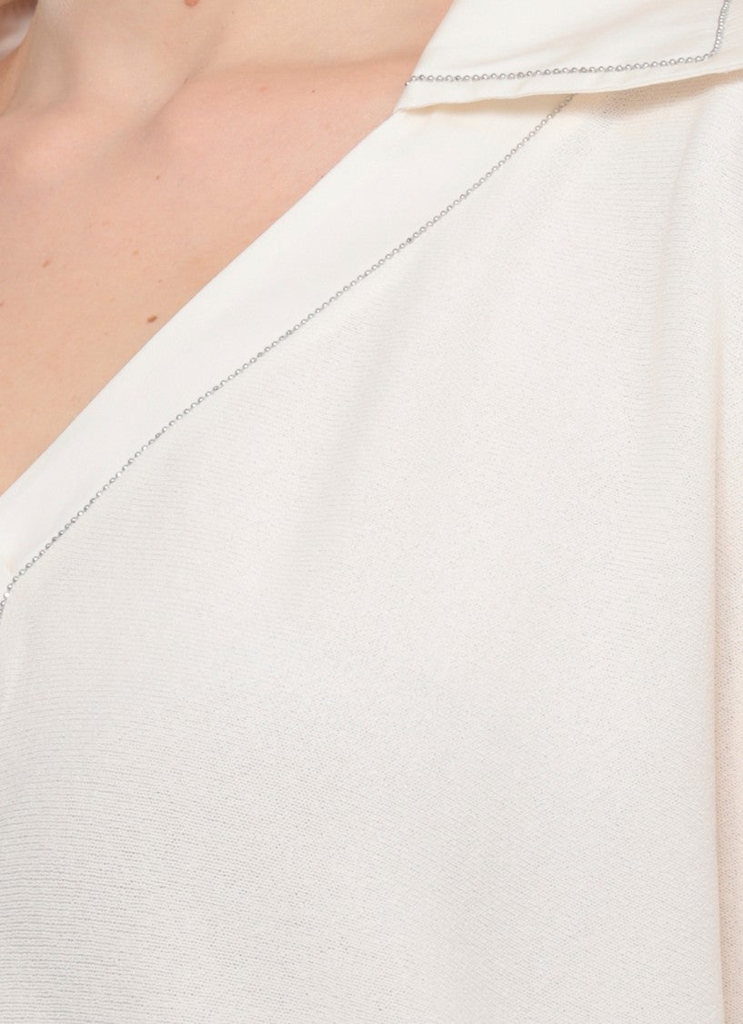 D. Exterior Ivory Embellished Viscose Long-Sleeve Polo Shirt