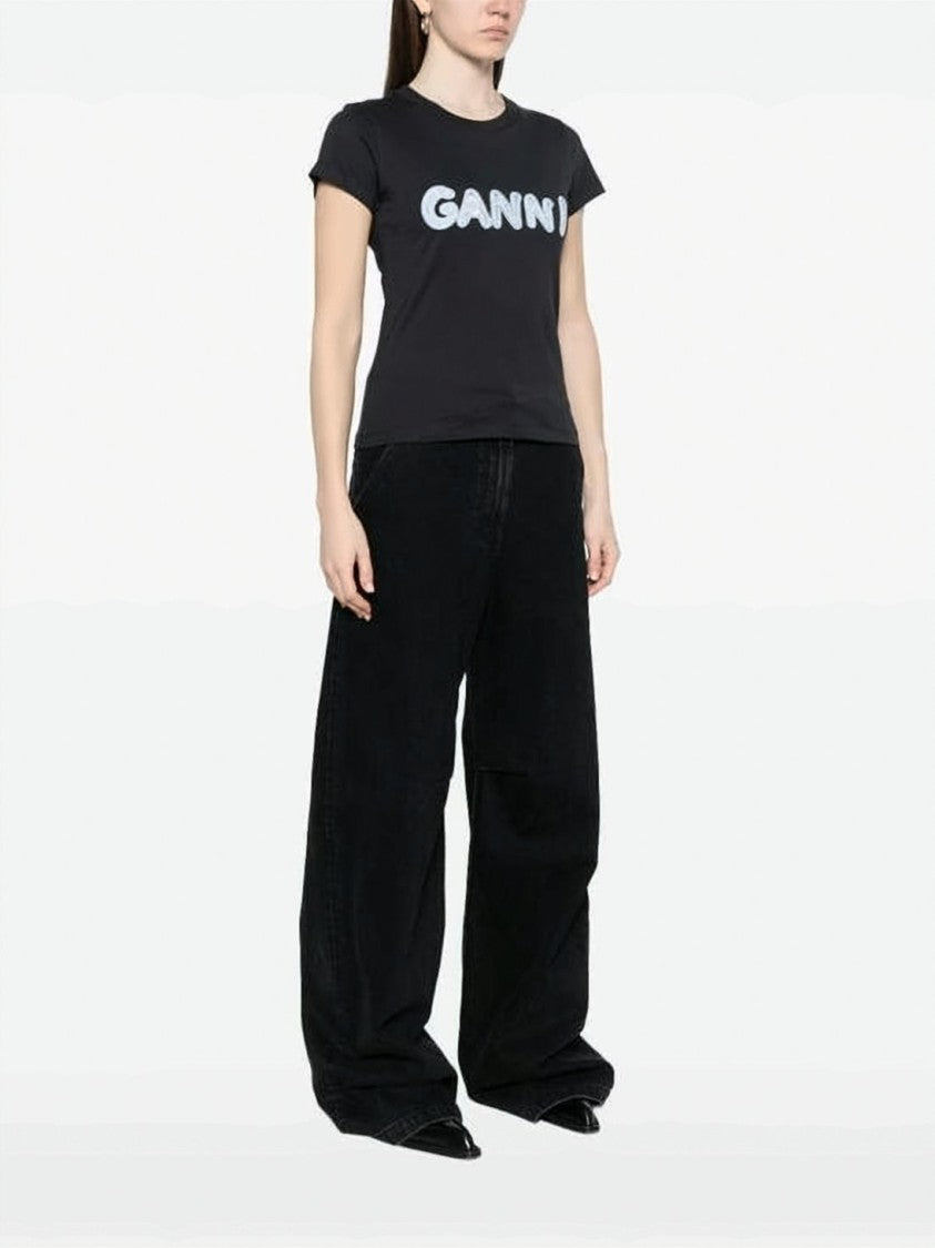 Ganni Fitted Black T-Shirt With Textured Logo Design