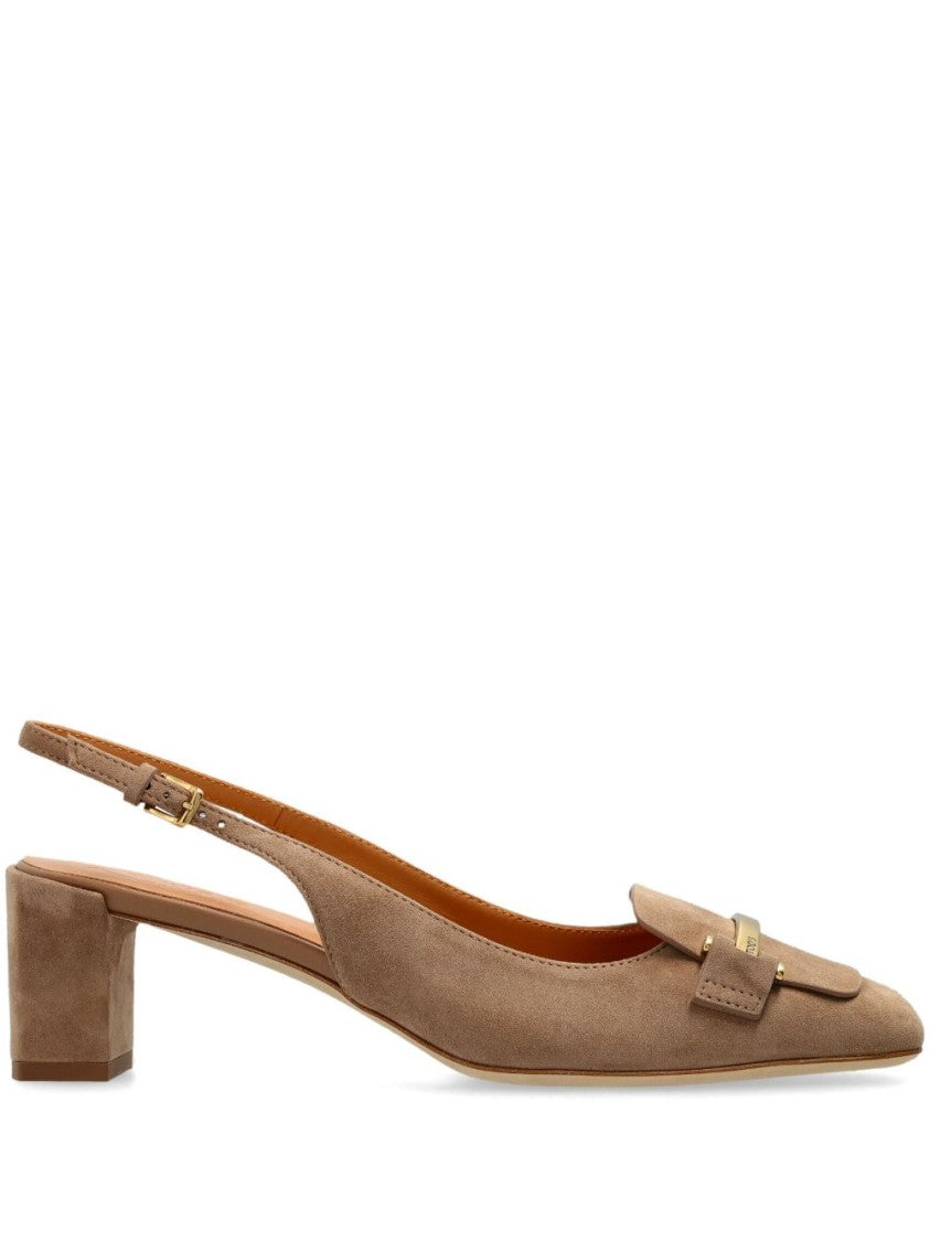 Tod's Pointed Toe Slingback Heels With Metallic Bow Accent