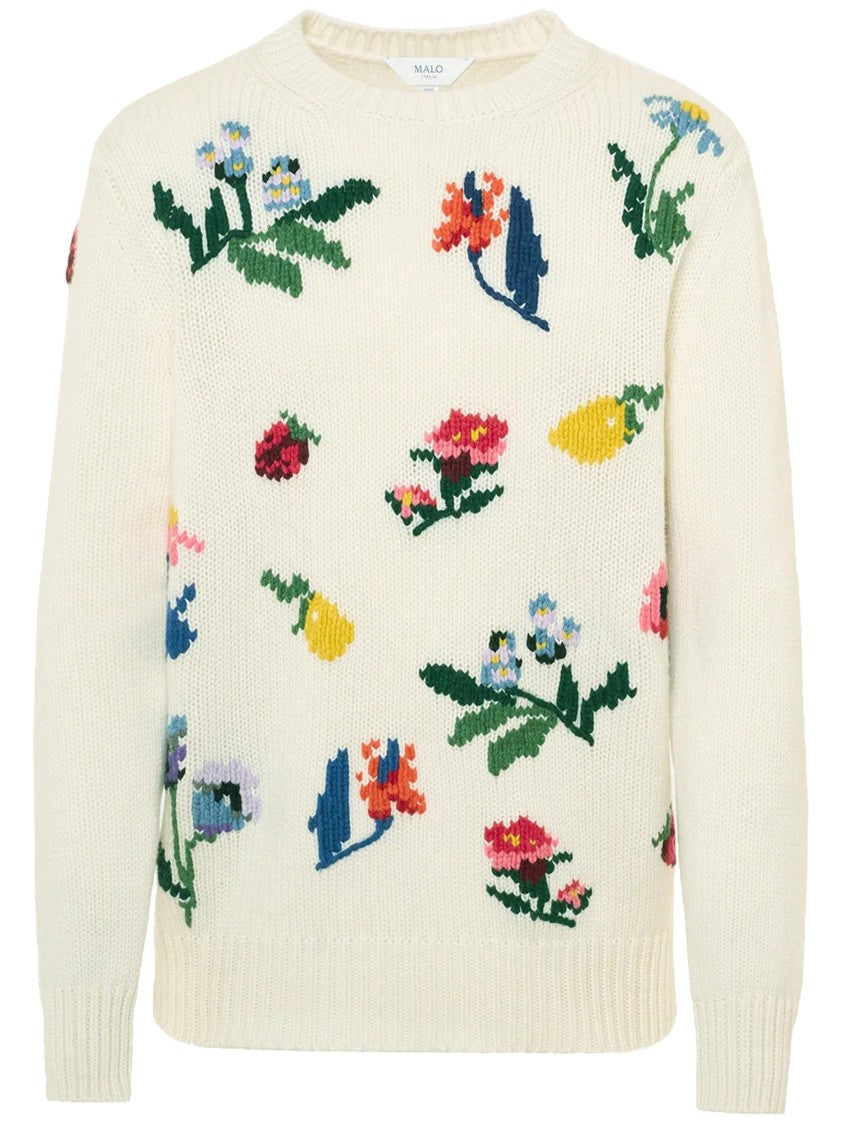 Malo Cream Floral Embroidered Cashmere Sweater