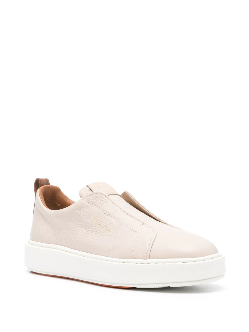 Santoni White Leather Slip-On Trainers With Rubber Sole