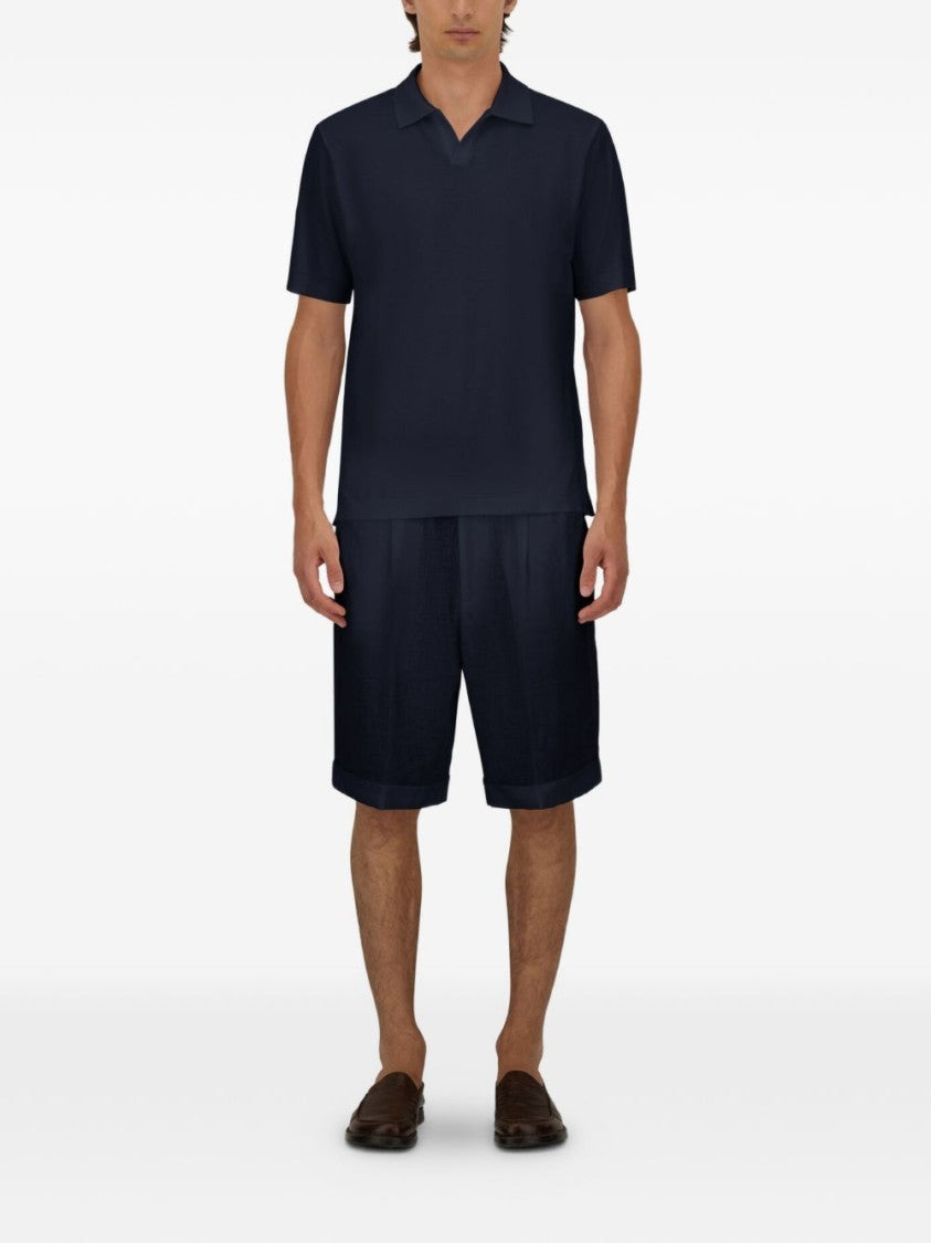 Herno Blue Cotton V-Neck Polo Shirt
