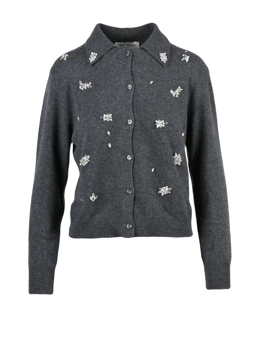 Ermanno Firenze Grey Rhinestone Collar Metallic-Blend Cardigan