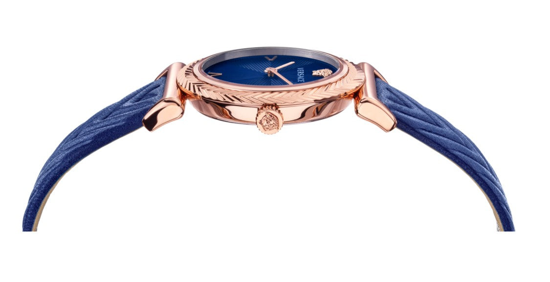 Versace 35Mm Rose-Gold Tone Versace V-Motif Watch With Blue Dial