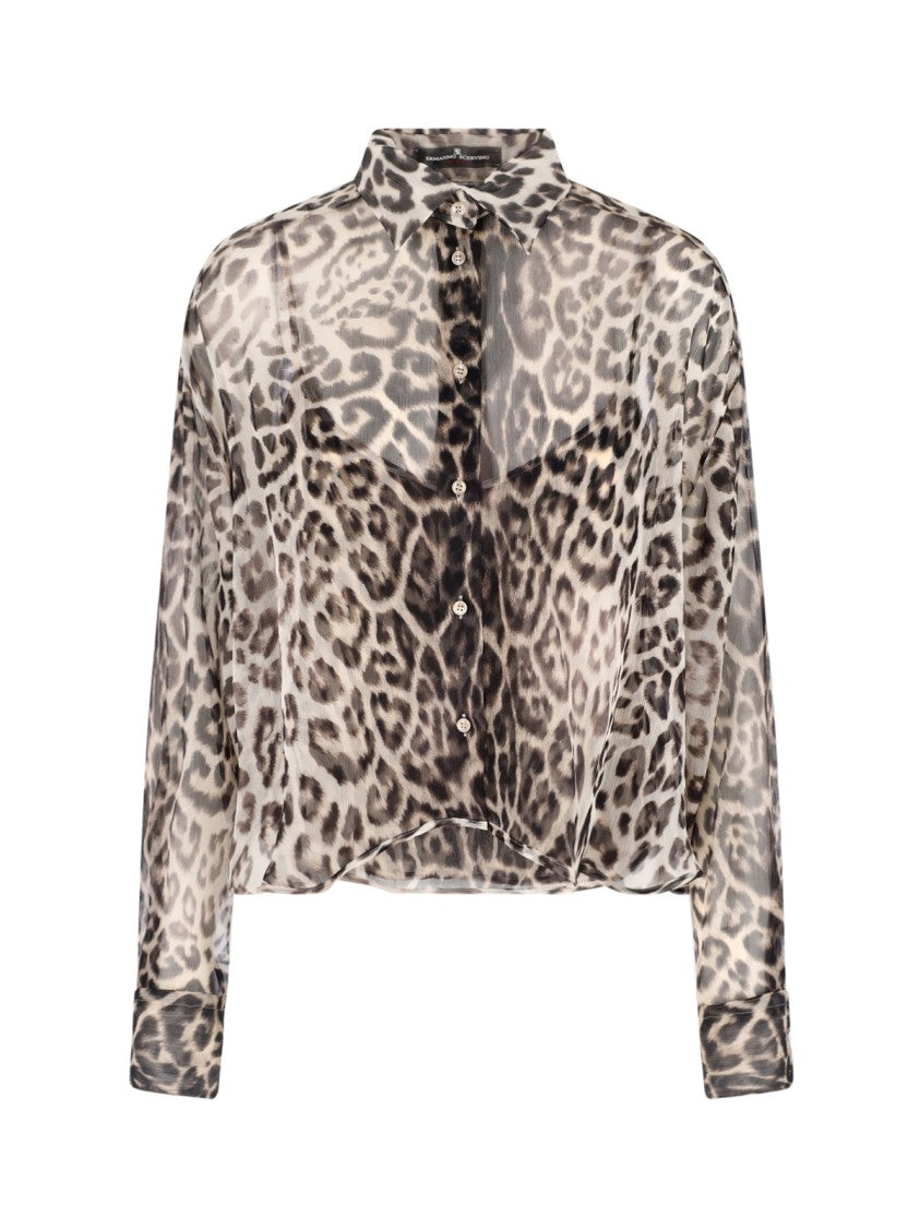 Ermanno Scervino Silk Shirt, Brown, Animal Print, Classic Collar
