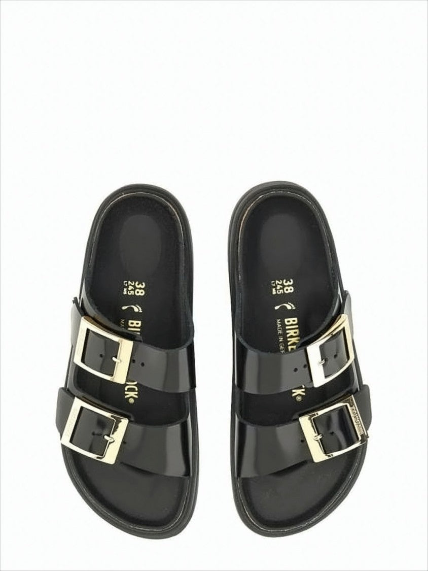 Birkenstock Open-Toe Black Leather Sandals With Metallic Buckles