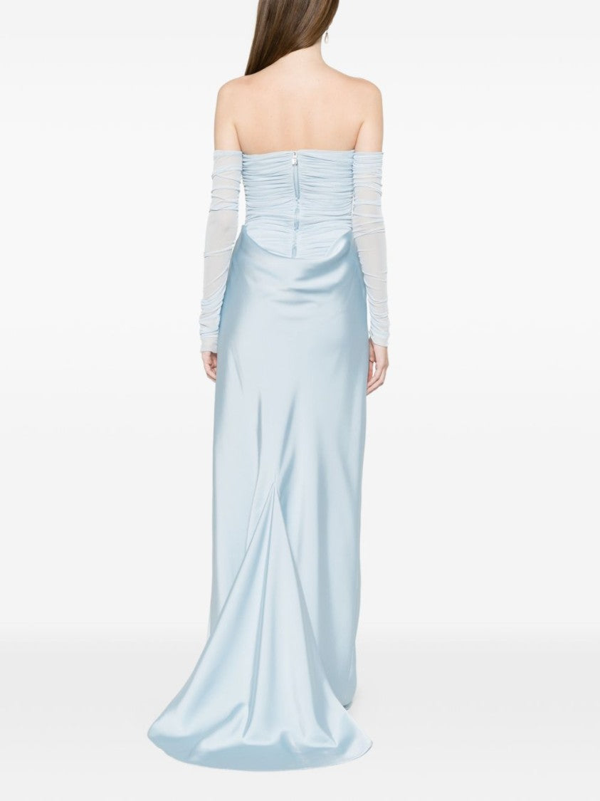 Rotate Strapless Evening Dress With Ruched Detailing And Sheer Mesh Sleeves