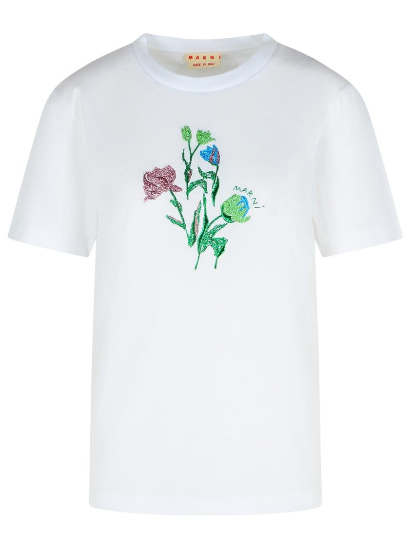 Marni Ribbed White Cotton T-Shirt With Floral Embroidery