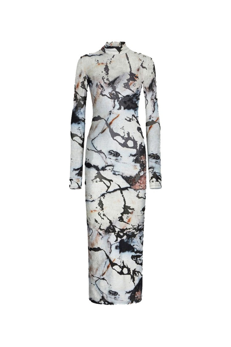Roberto Cavalli White Viscose-Blend Marble-Print Mock-Neck Maxi Dress
