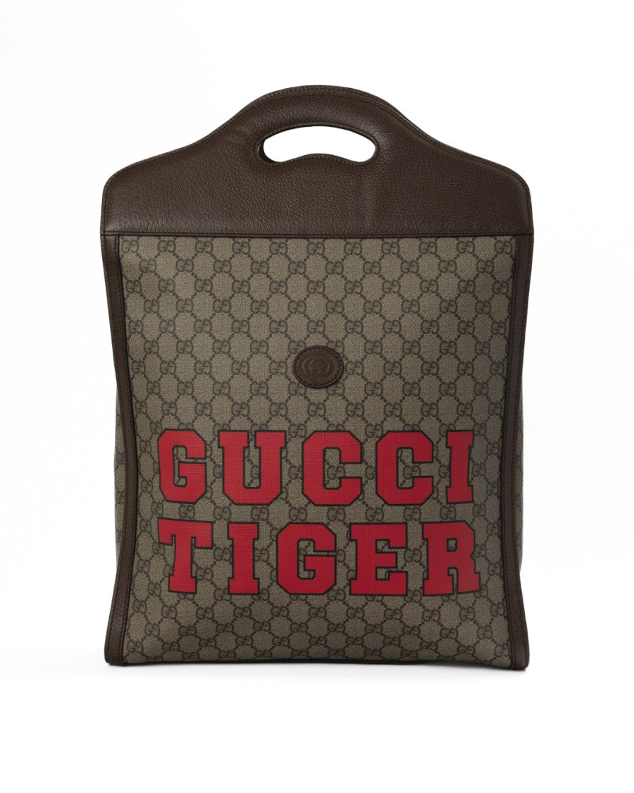 Gucci Medium Gg Supreme Canvas Tote With Brown Leather Accents