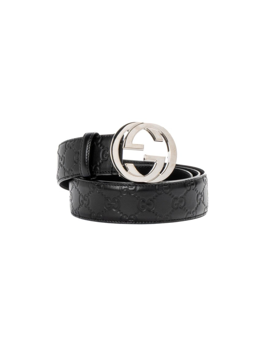 Gucci Interlocking Gg Black Leather Belt With Silver Hardware