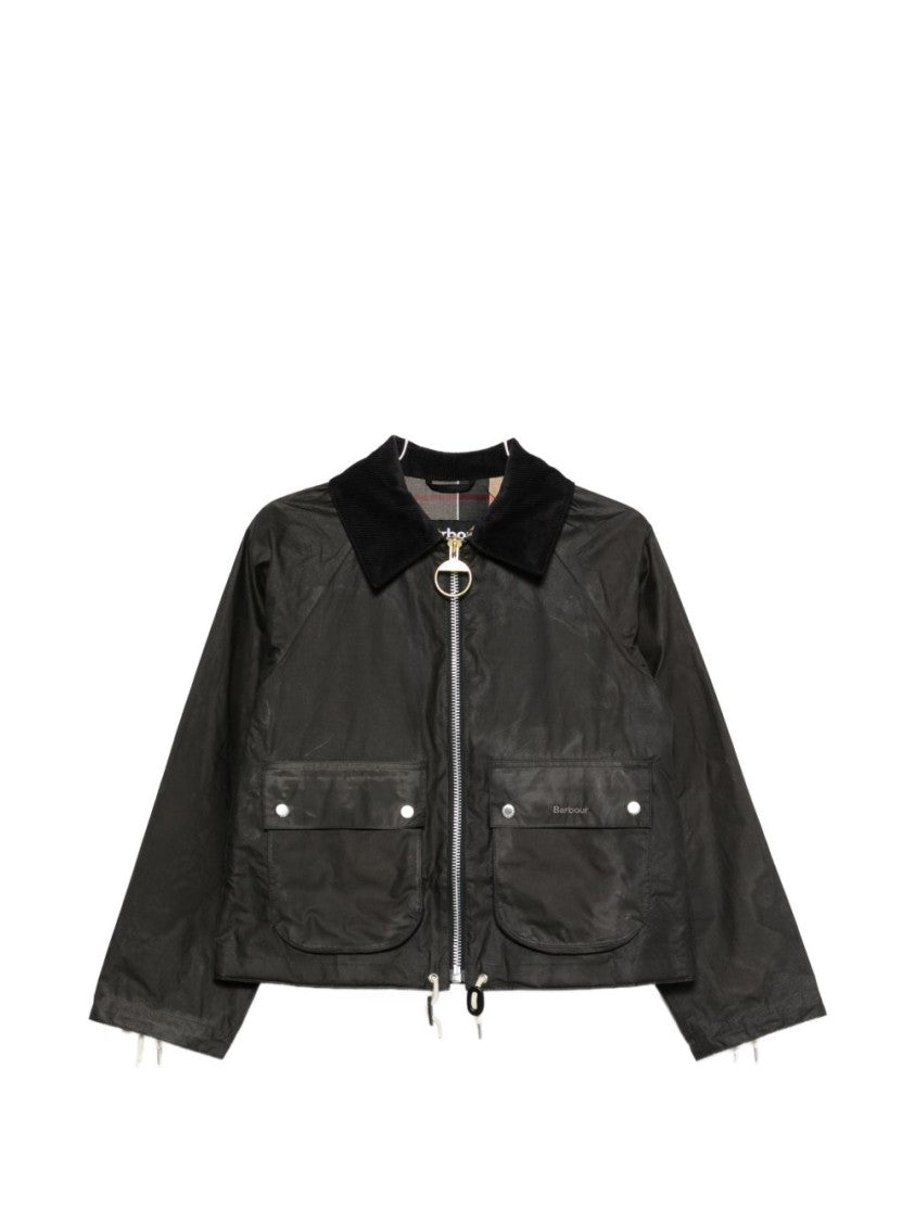 Barbour Short Grey Coat With Corduroy Collar And Flap Pockets