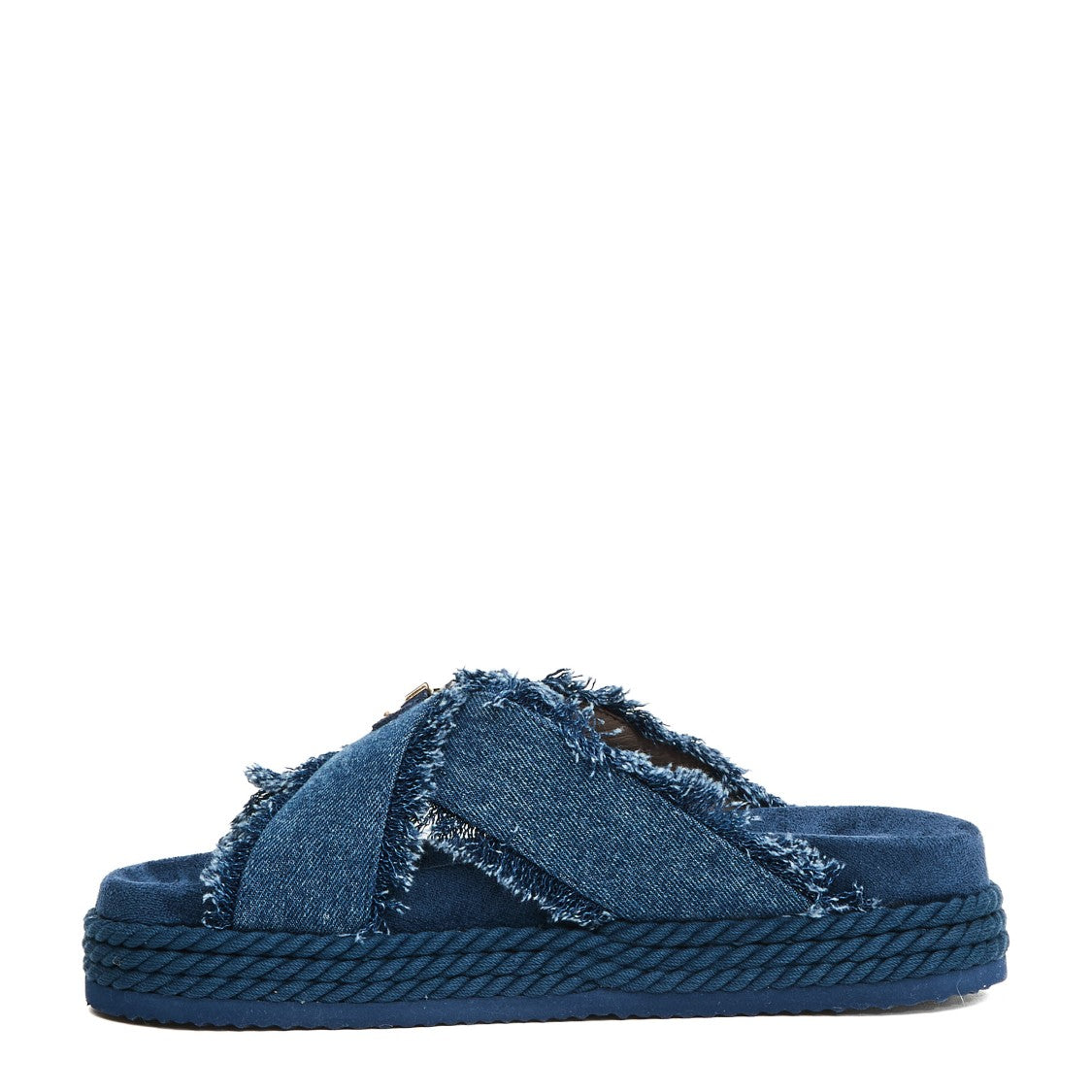 Mou Denim Cross-Strap Sandals With Rubber Platform Sole