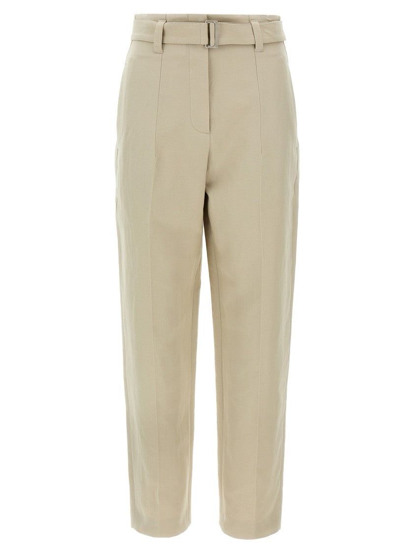 Brunello Cucinelli High-Waisted Cotton-Linen Trousers With Adjustable Belt