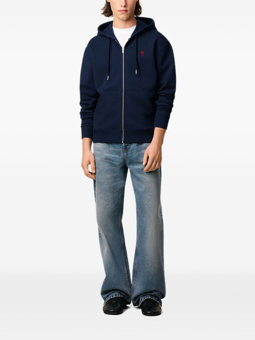 Ami Paris Navy Blue Zip-Up Hoodie With Drawstring Hood