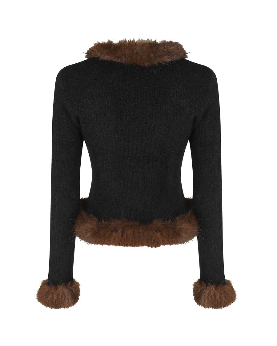 Self-Portrait Deep V-Neck Cardigan With Faux Fur Detailing