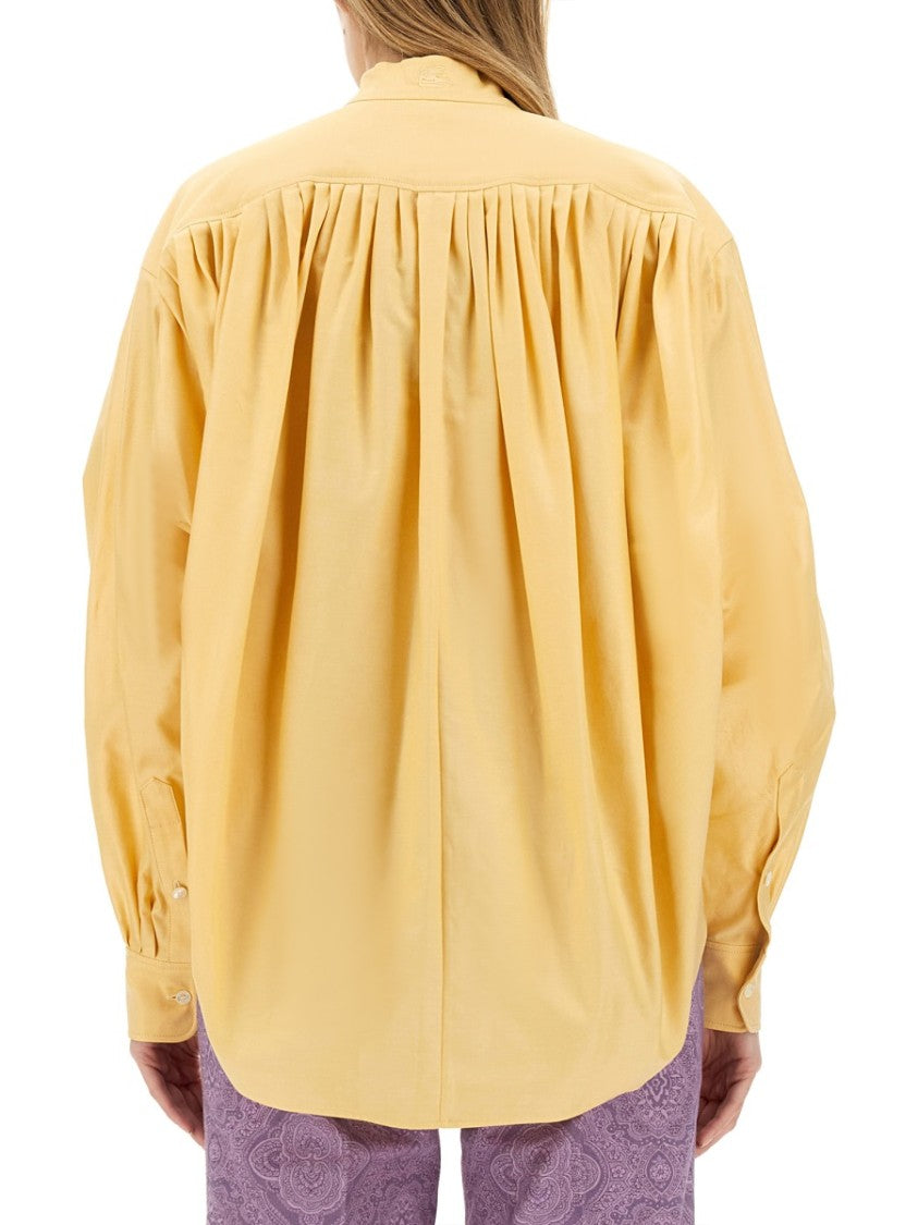 Etro Pleated High Collar Cotton Poplin Blouse