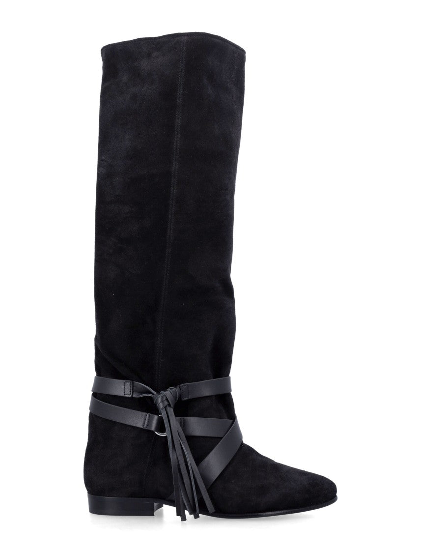 Isabel Marant Knee-High Black Suede Boots With Wraparound Leather Straps